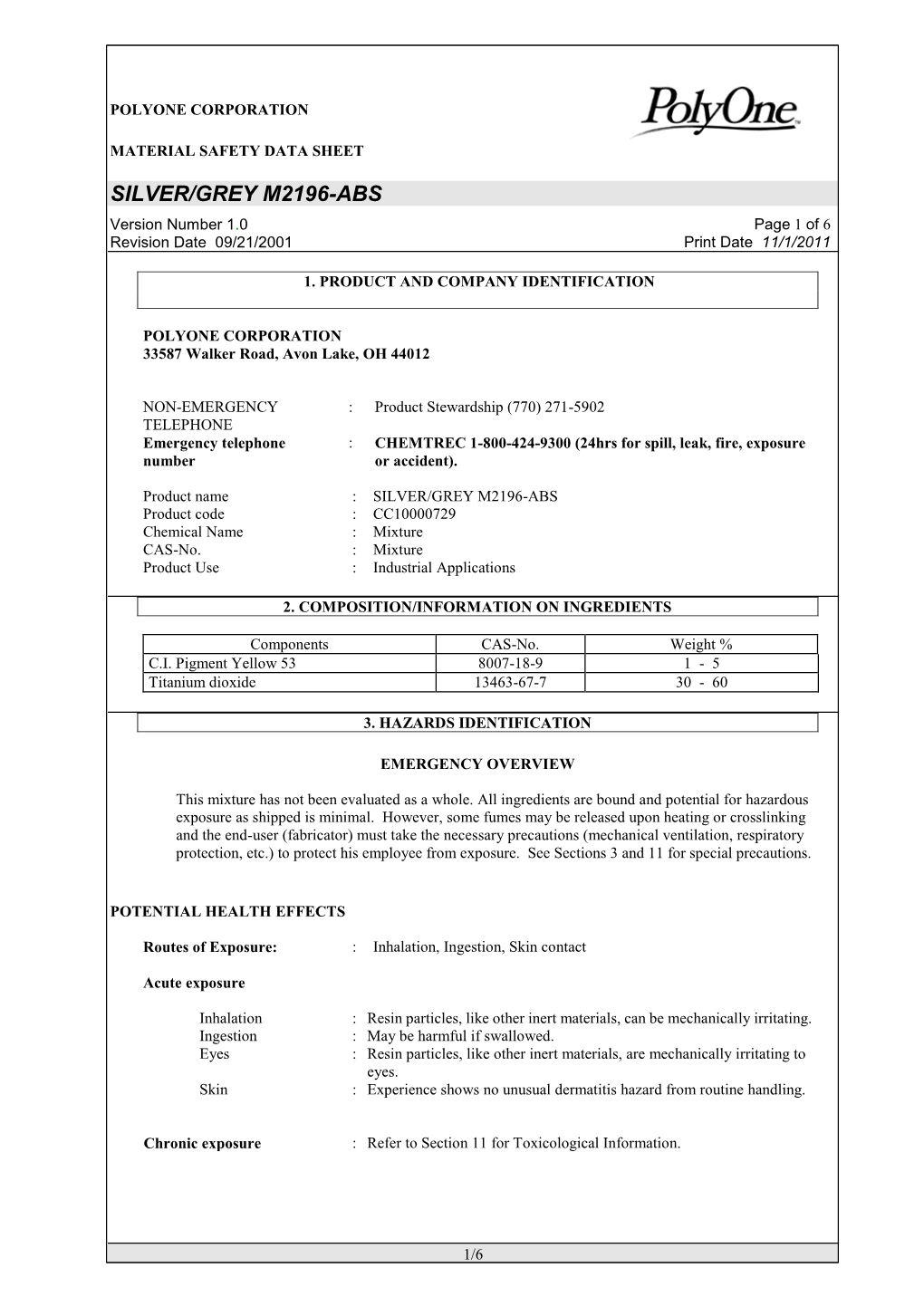 SILVER/GREY M2196-ABS Version Number 1.0 Page 1 of 6 Revision Date 09/21/2001 Print Date 11/1/2011