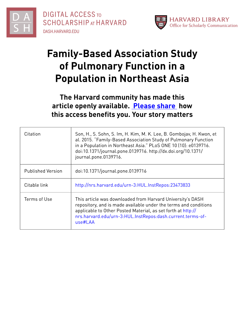 Family-Based Association Study of Pulmonary Function in a Population in Northeast Asia