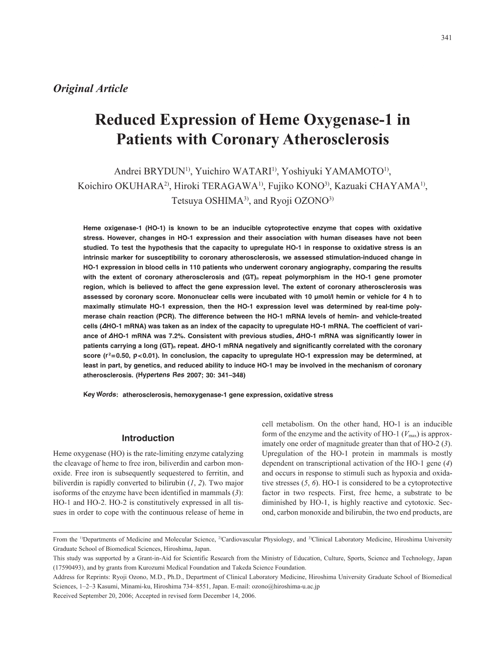 Reduced Expression of Heme Oxygenase-1 in Patients with Coronary Atherosclerosis