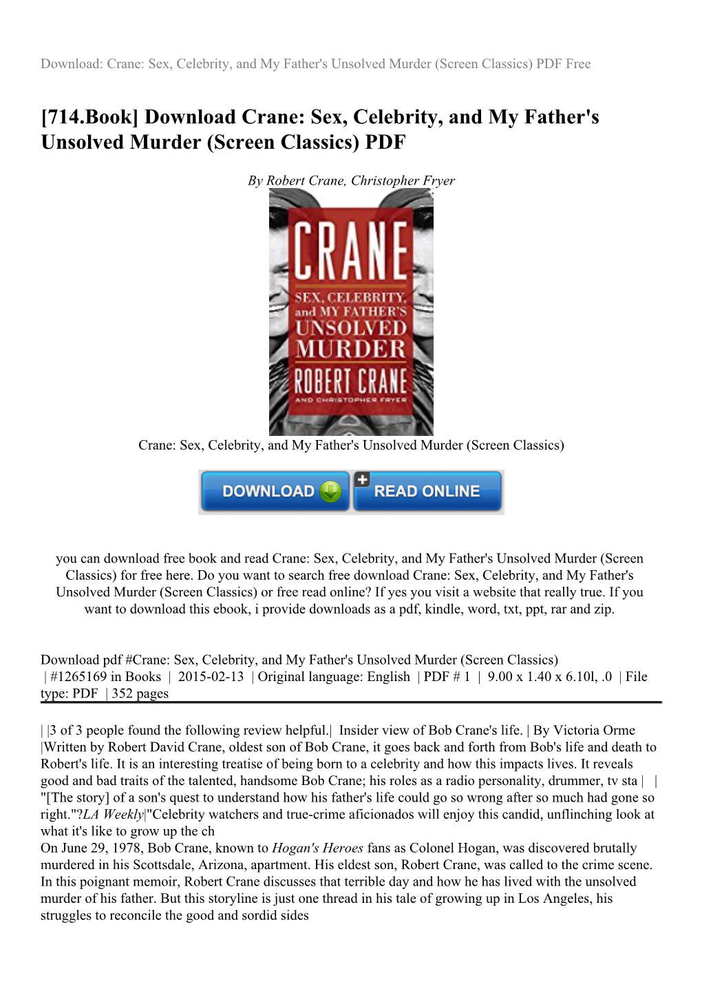 Download Crane: Sex, Celebrity, and My Father's Unsolved Murder (Screen Classics) PDF