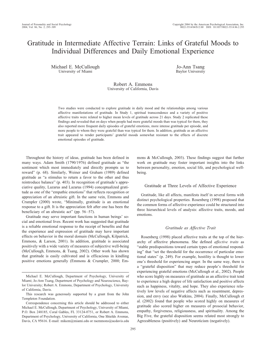 Gratitude in Intermediate Affective Terrain: Links of Grateful Moods to Individual Differences and Daily Emotional Experience