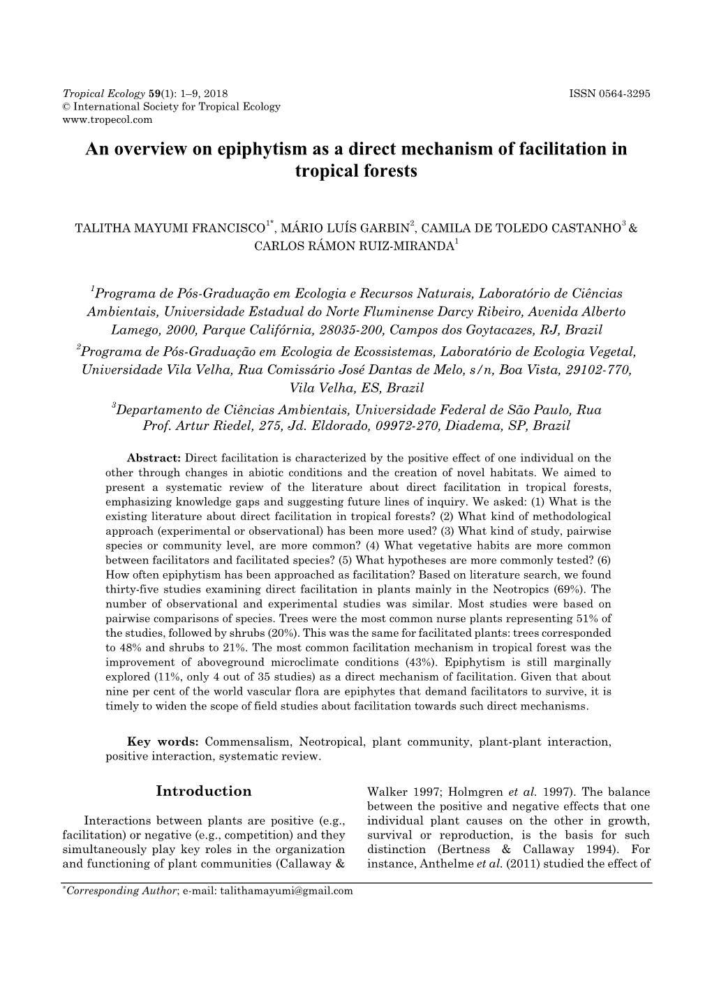 An Overview on Epiphytism As a Direct Mechanism of Facilitation in Tropical Forests