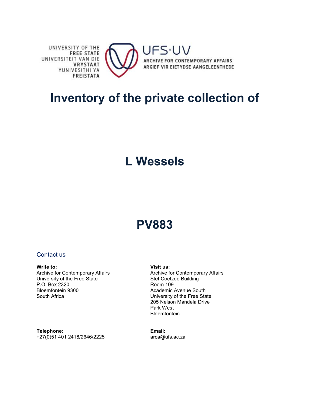 Inventory of the Private Collection of L Wessels PV883