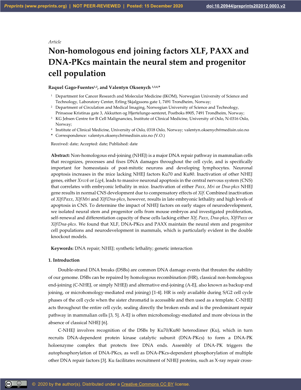 Non-Homologous End Joining Factors XLF, PAXX and DNA-Pkcs Maintain the Neural Stem and Progenitor Cell Population