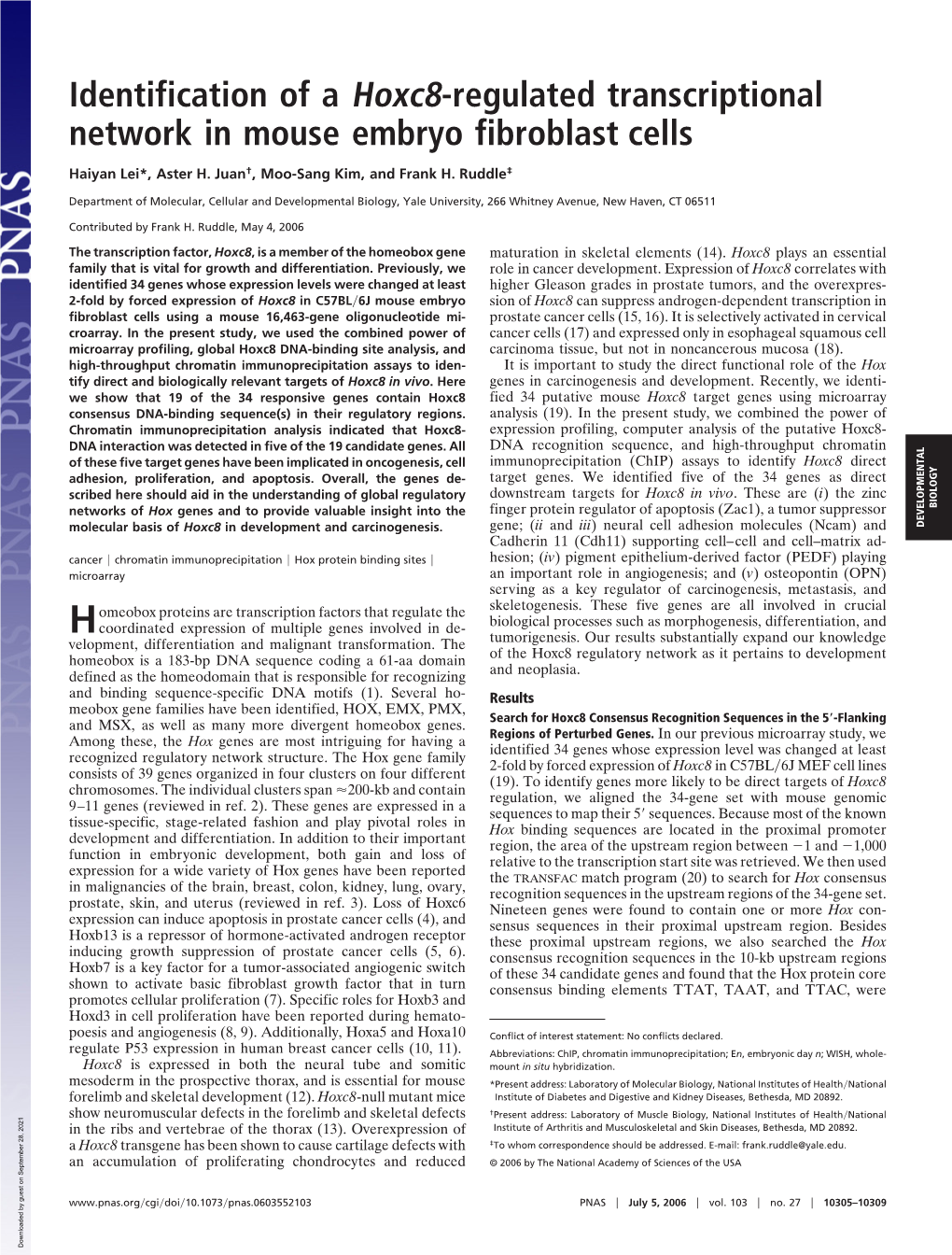 Identification of a Hoxc8-Regulated Transcriptional Network in Mouse Embryo Fibroblast Cells