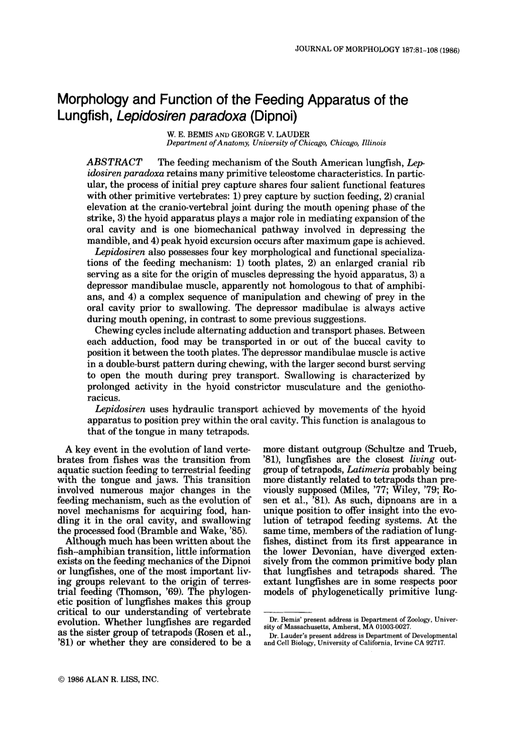 Morphology and Function of the Feeding Apparatus of the Lungfish, Lepidosiren Paradoxa (Dipnoi)