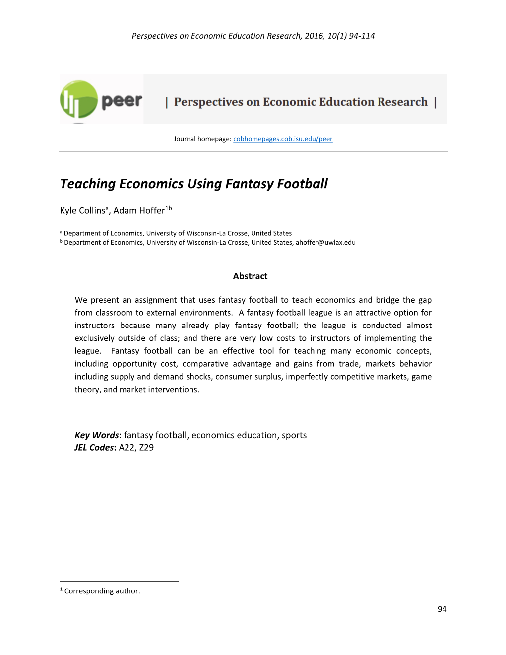 Teaching Economics Using Fantasy Football