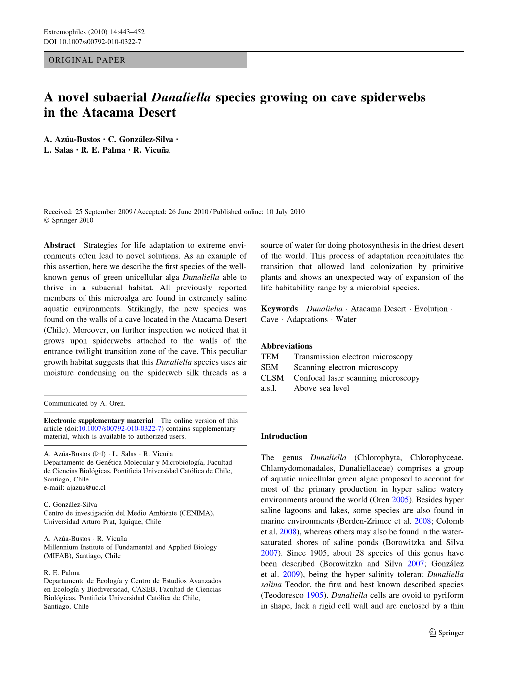 A Novel Subaerial Dunaliella Species Growing on Cave Spiderwebs in the Atacama Desert