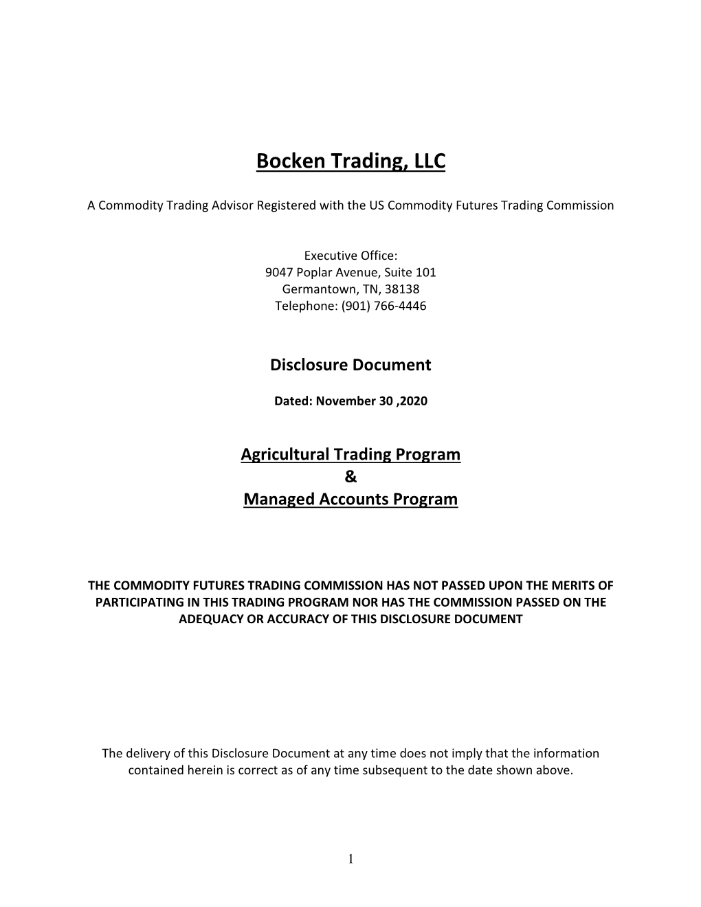 Bocken Trading, LLC Disclosure Document