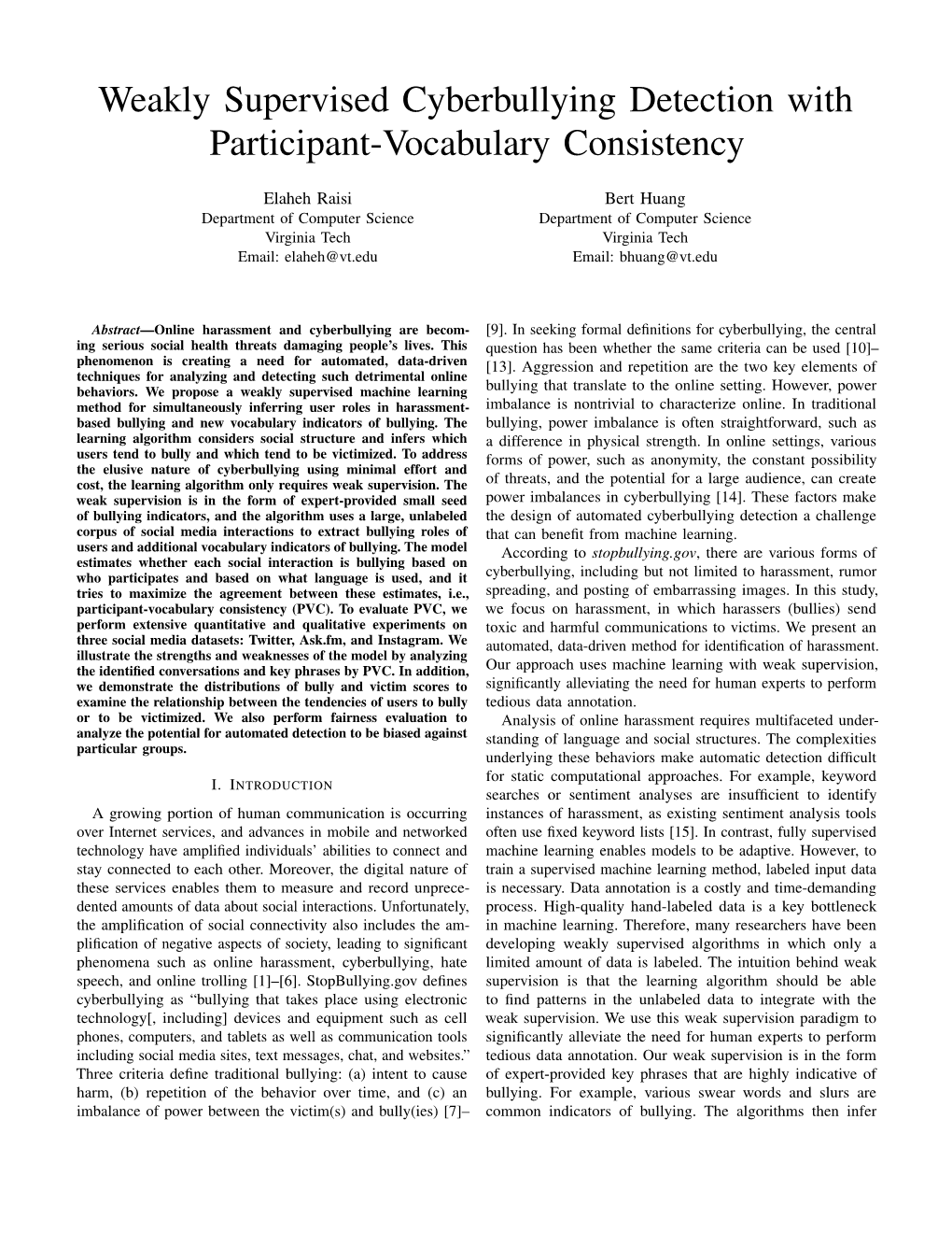 Weakly Supervised Cyberbullying Detection with Participant-Vocabulary Consistency