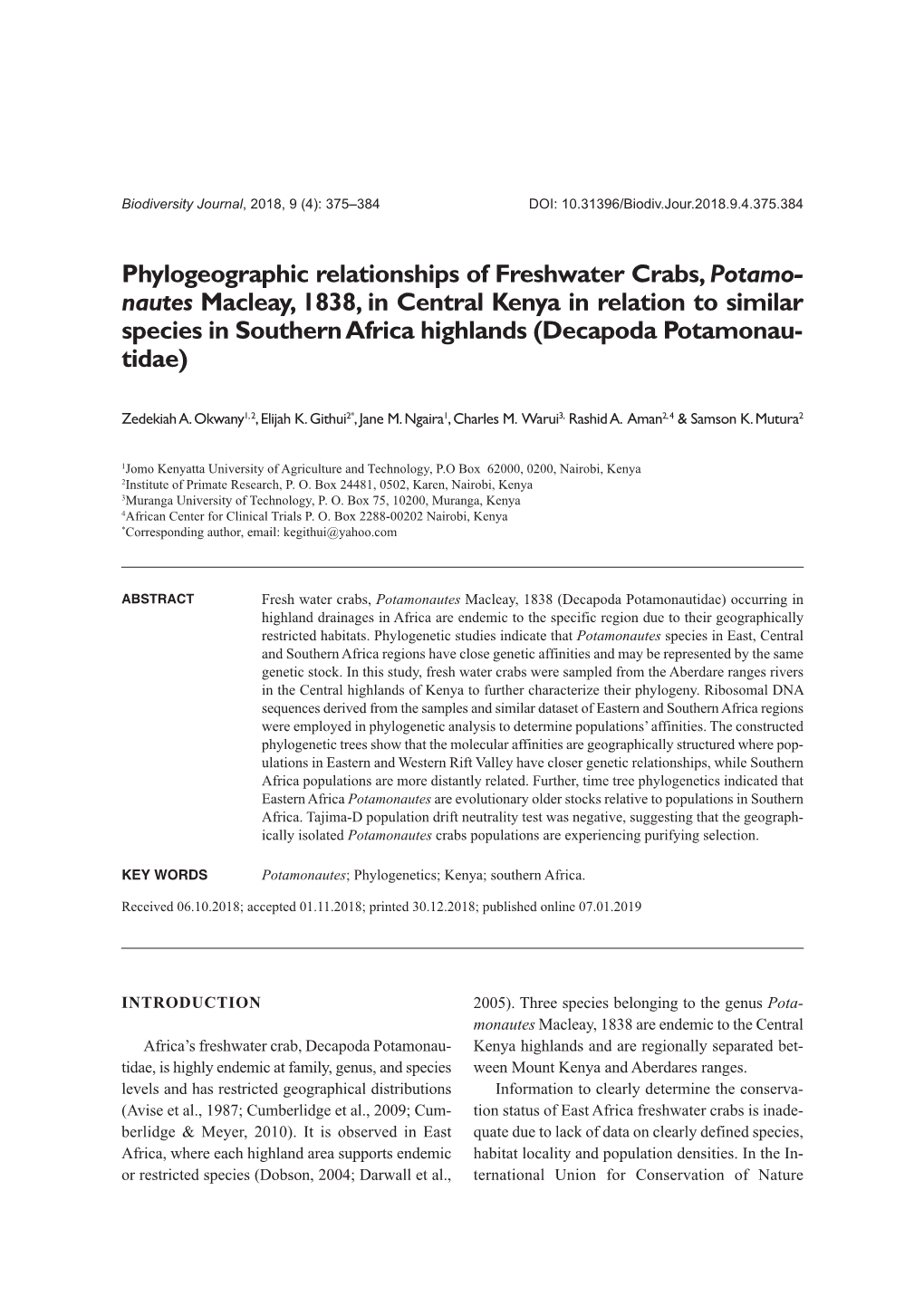 Phylogeographic Relationships of Freshwater