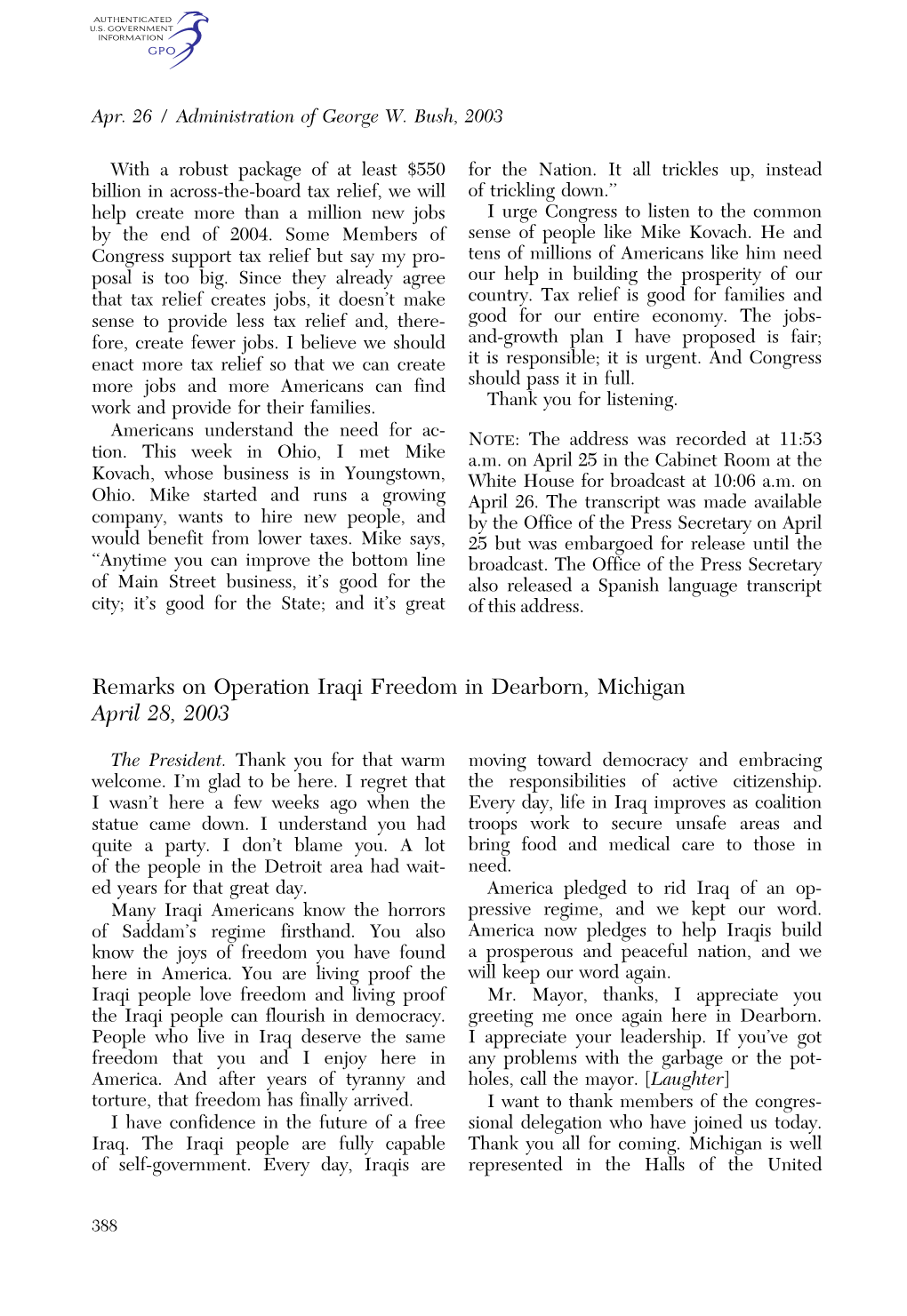 Remarks on Operation Iraqi Freedom in Dearborn, Michigan April 28, 2003