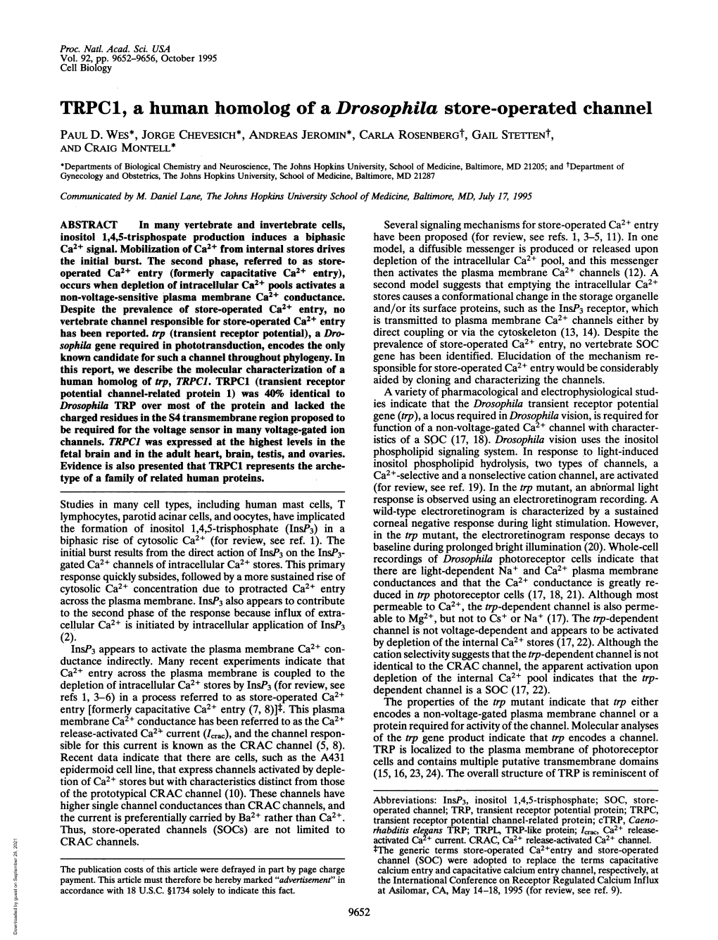 TRPC1, a Human Homolog of a Drosophila Store-Operated Channel PAUL D