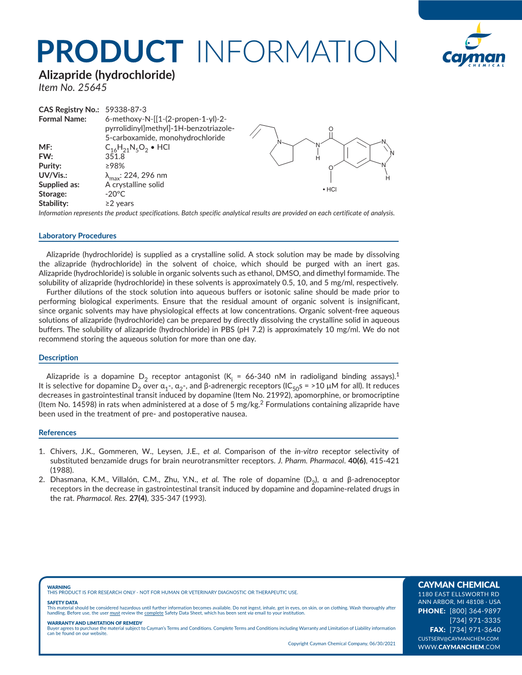 PRODUCT INFORMATION Alizapride (Hydrochloride) Item No