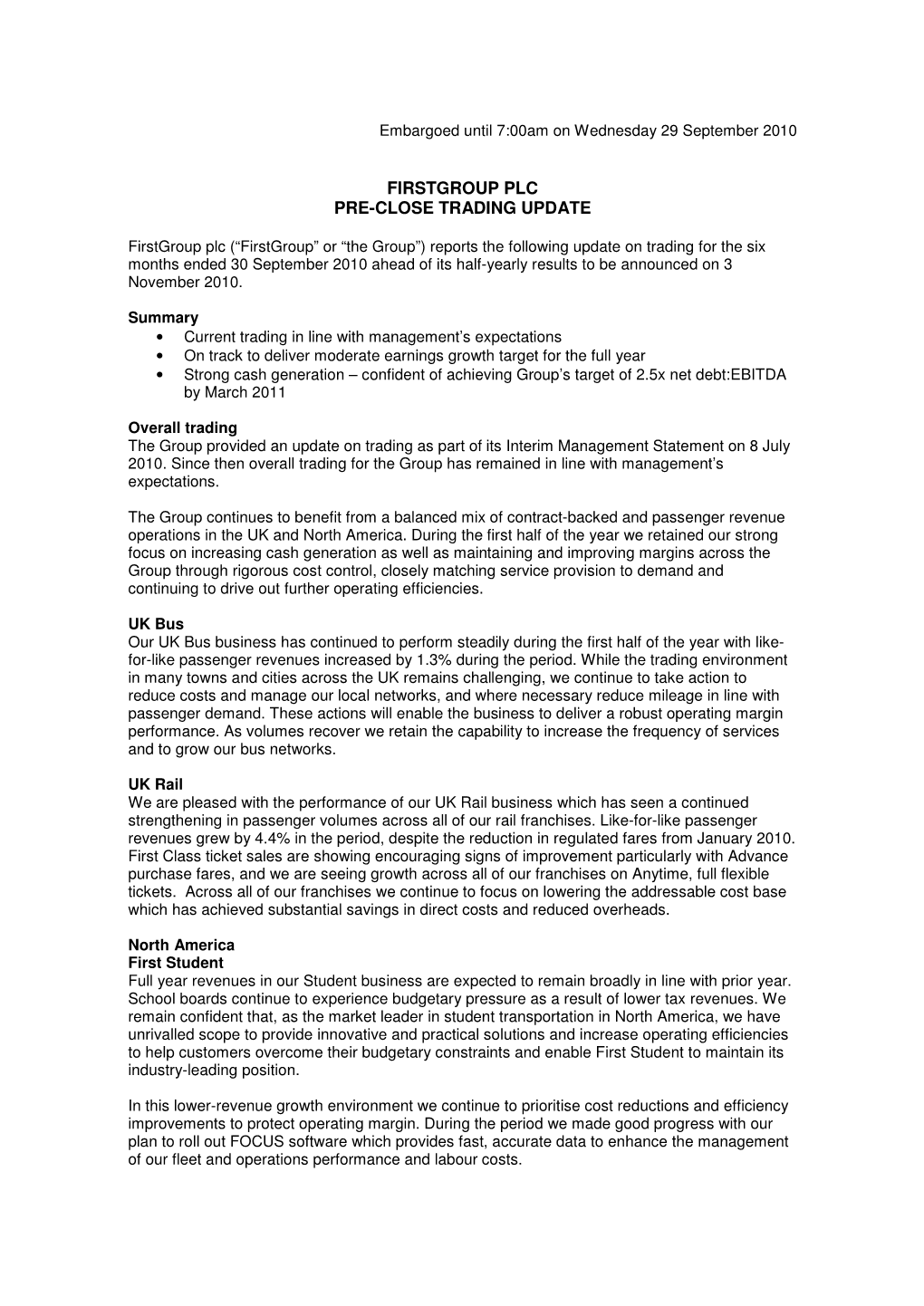 Firstgroup Plc Pre-Close Trading Update