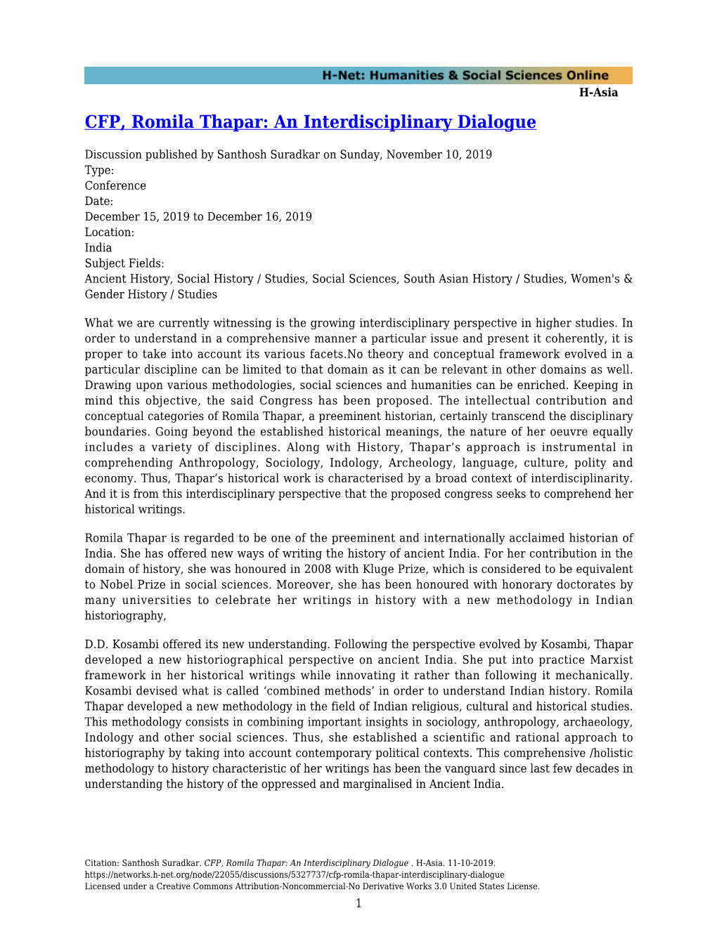 CFP, Romila Thapar: an Interdisciplinary Dialogue