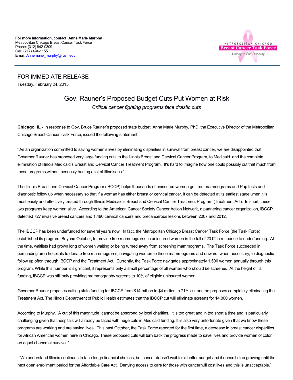 Gov. Rauner S Proposed Budget Cuts Put Women at Risk