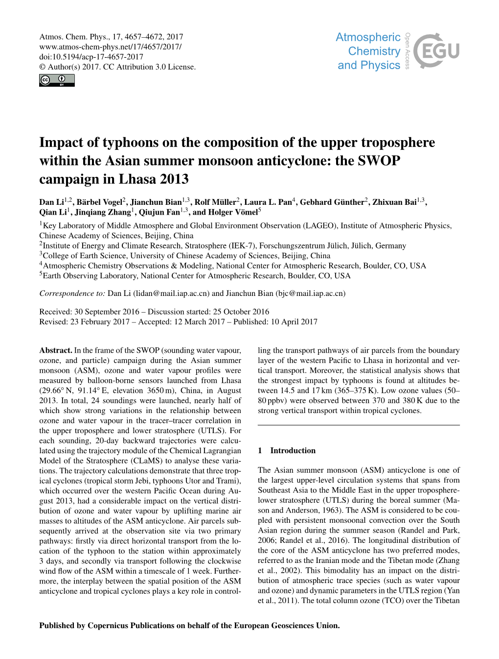 Impact of Typhoons on the Composition of the Upper Troposphere Within the Asian Summer Monsoon Anticyclone: the SWOP Campaign in Lhasa 2013