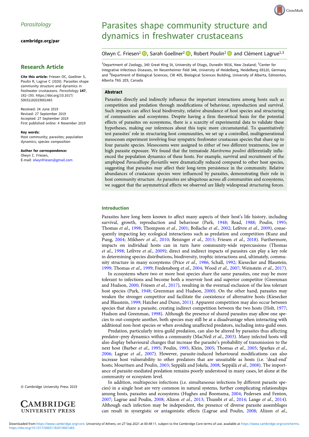 Parasites Shape Community Structure and Dynamics in Freshwater Crustaceans Cambridge.Org/Par