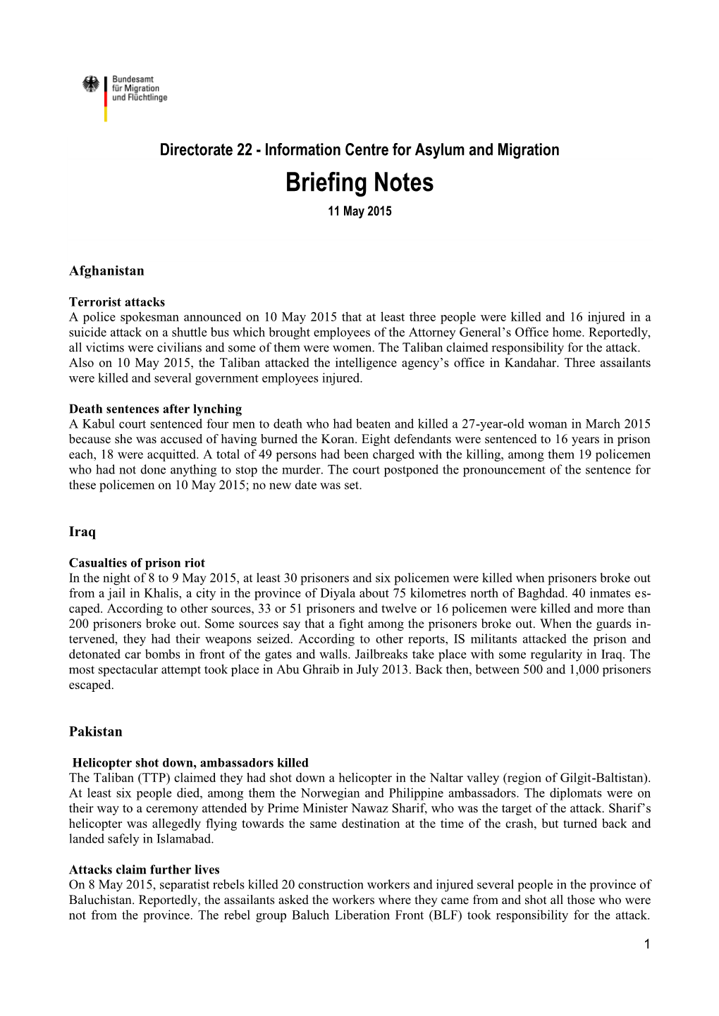 Briefing Notes 11 May 2015