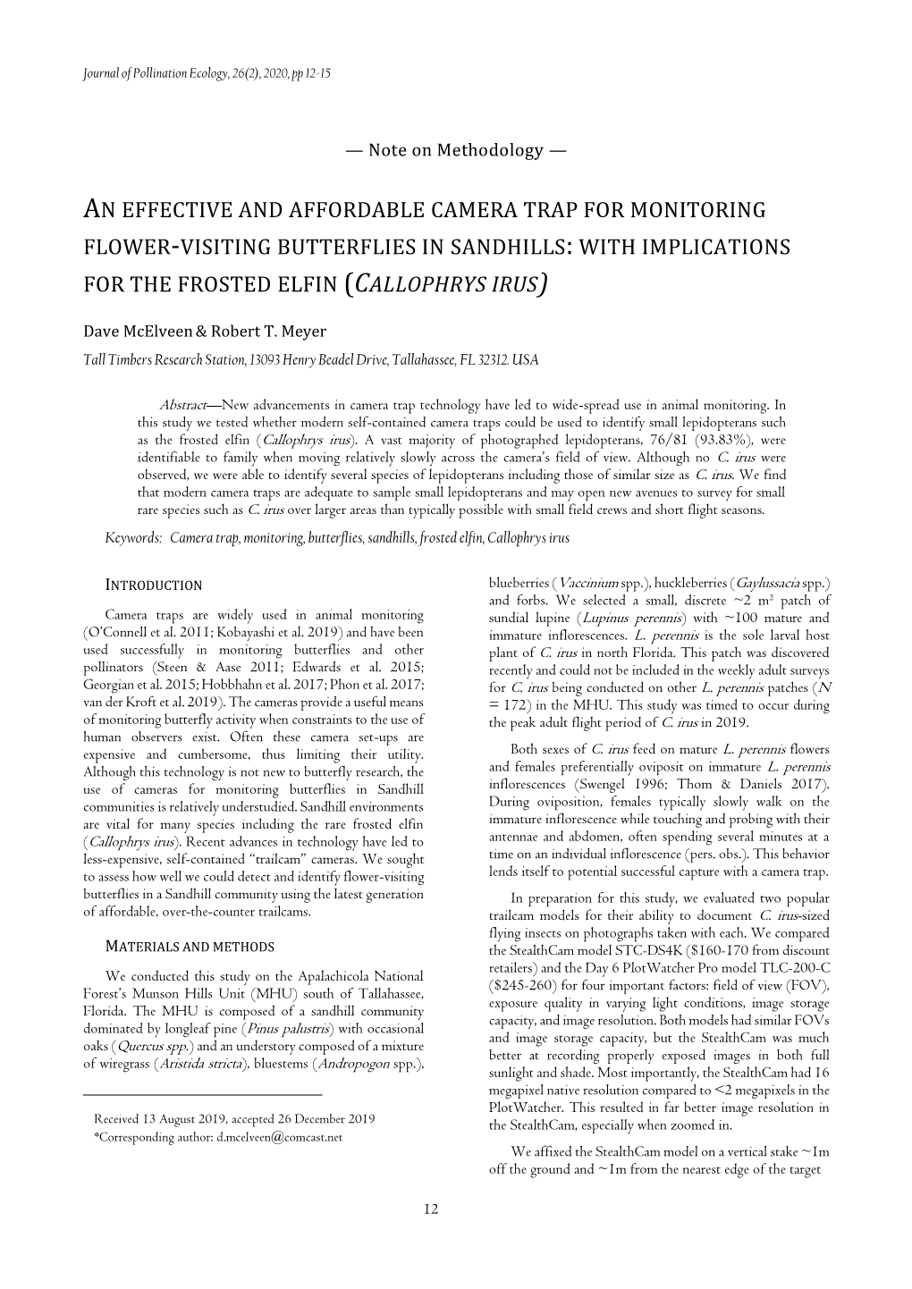 An Effective and Affordable Camera Trap for Monitoring Flower-Visiting Butterflies in Sandhills: with Implications for the Frosted Elfin (Callophrys Irus)