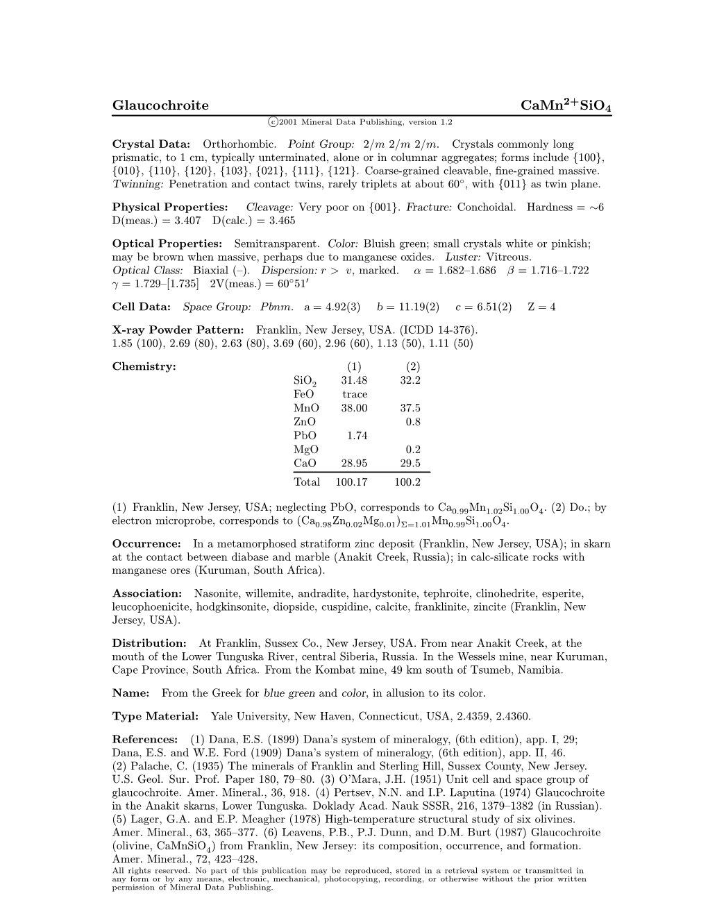 Glaucochroite Camn Sio4 C 2001 Mineral Data Publishing, Version 1.2 ° Crystal Data: Orthorhombic