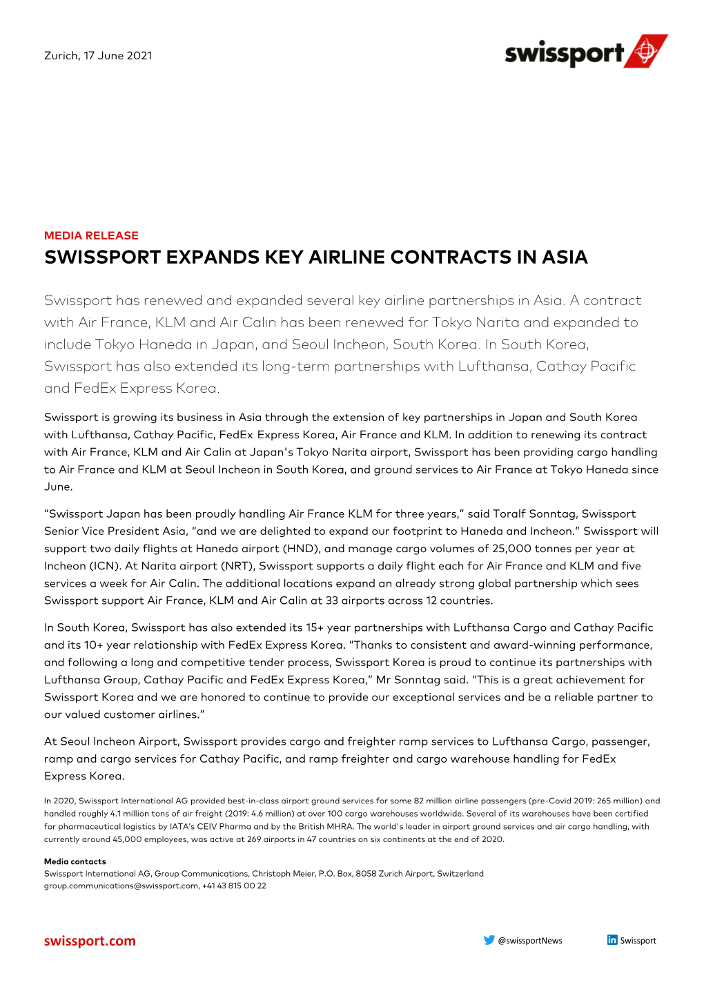 Swissport Expands Key Airline Contracts in Asia