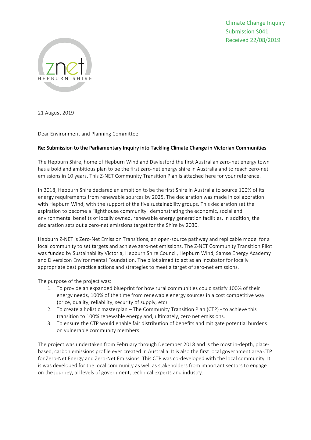 Climate Change Inquiry Submission S041 Received 22/08/2019