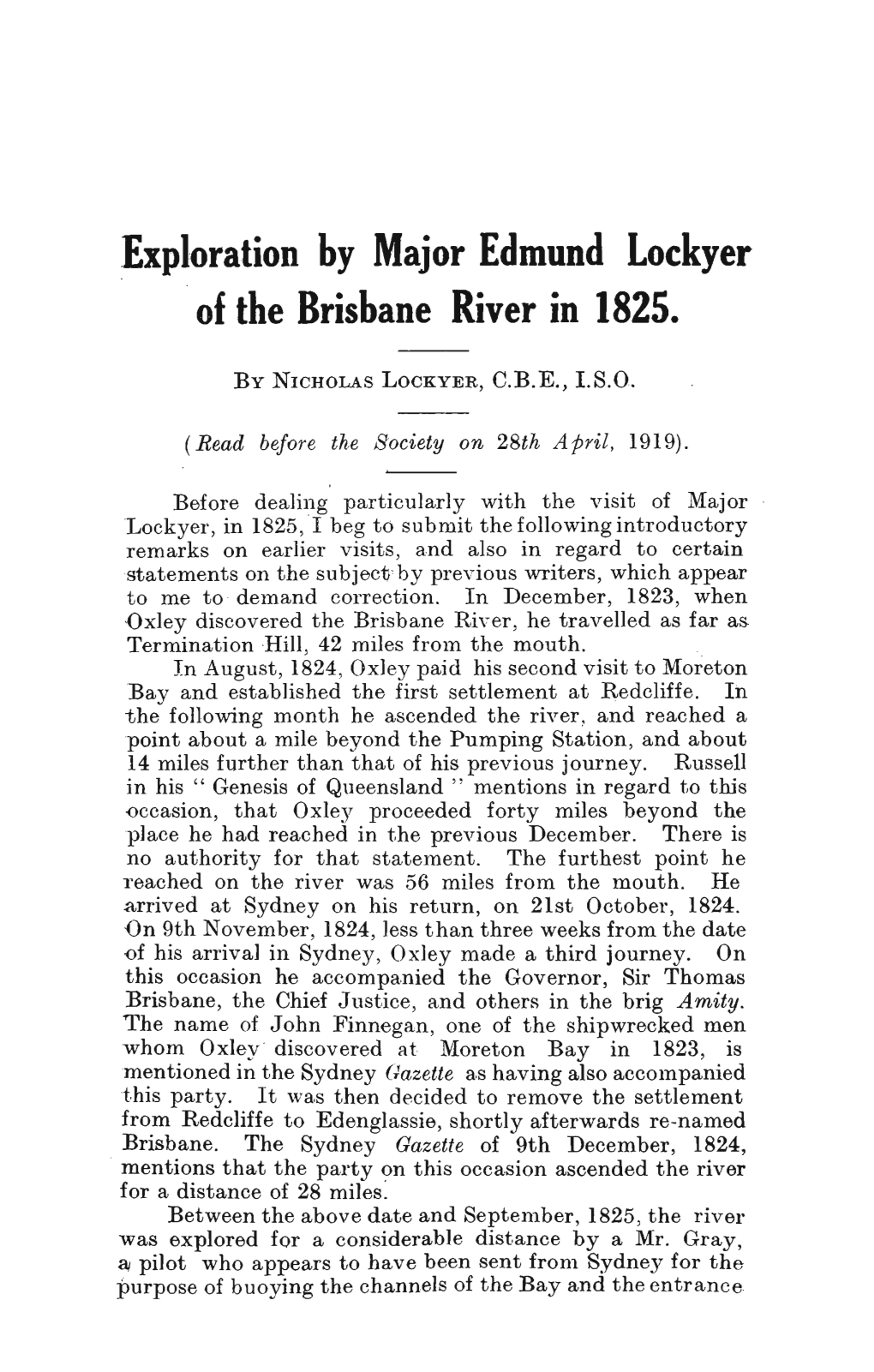 Exploration by Major Edmund Lockyer of the Brisbane River in 1825