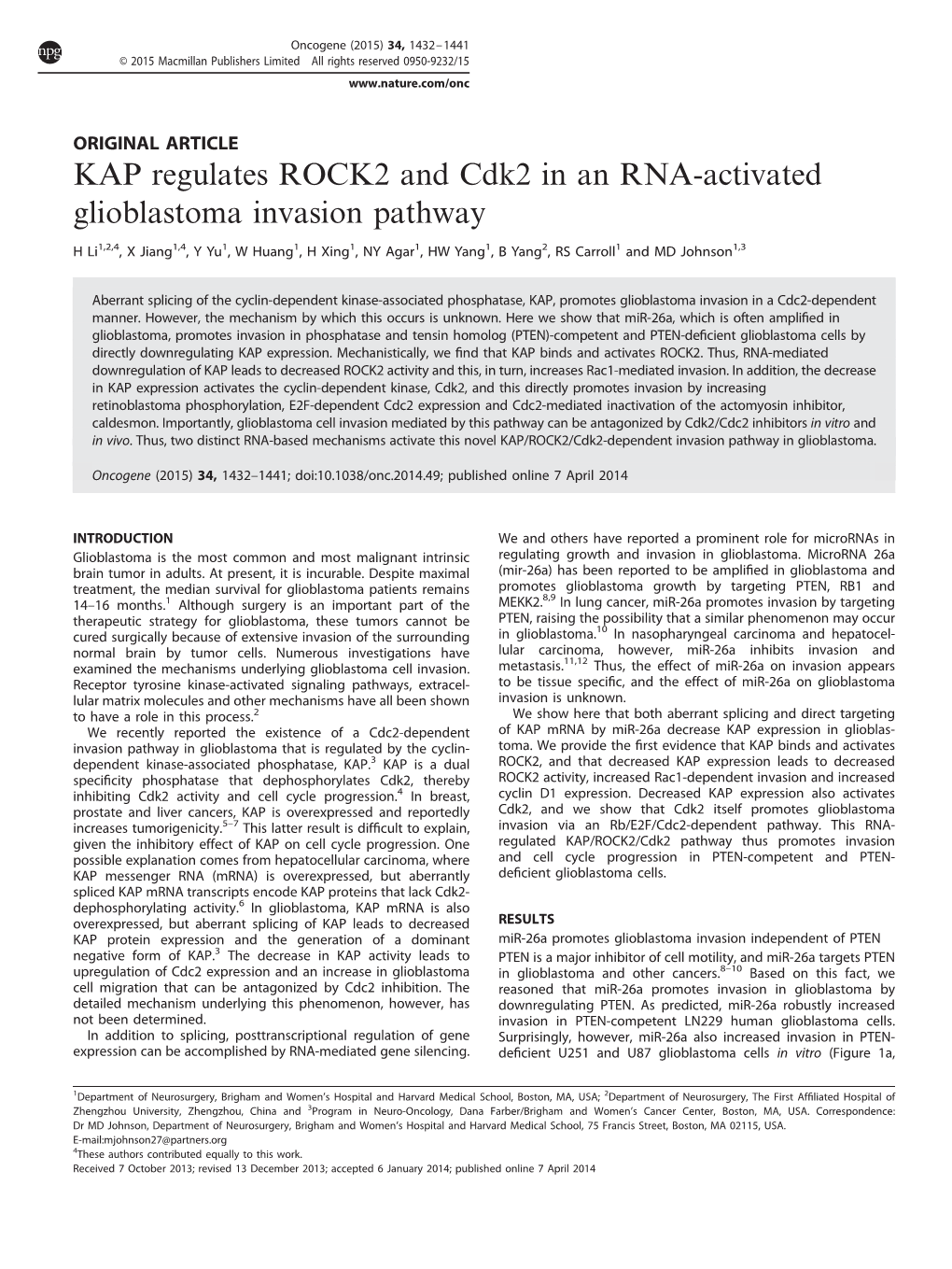 KAP Regulates ROCK2 and Cdk2 in an RNA-Activated Glioblastoma Invasion Pathway