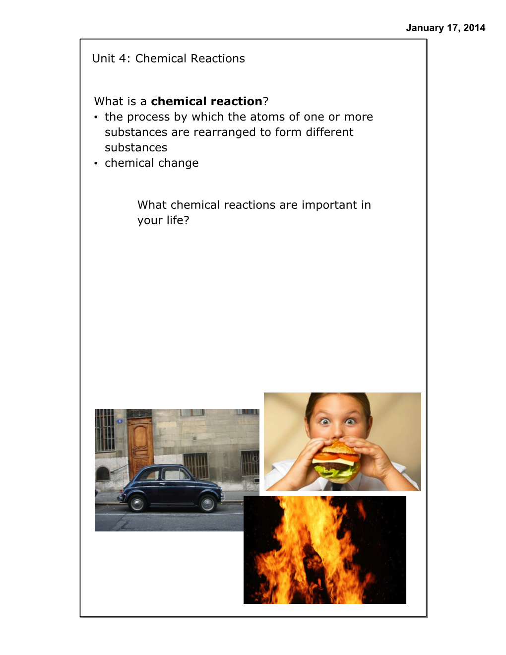 Unit 4: Chemical Reactions What Is a Chemical Reaction? • the Process by Which the Atoms of One Or More Substances Are Rearran