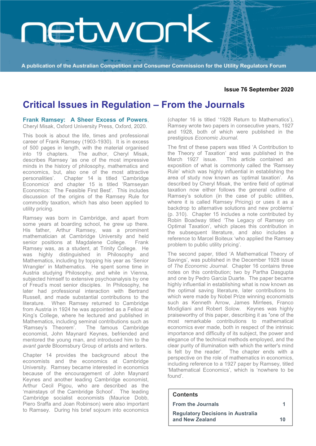 Critical Issues in Regulation – from the Journals