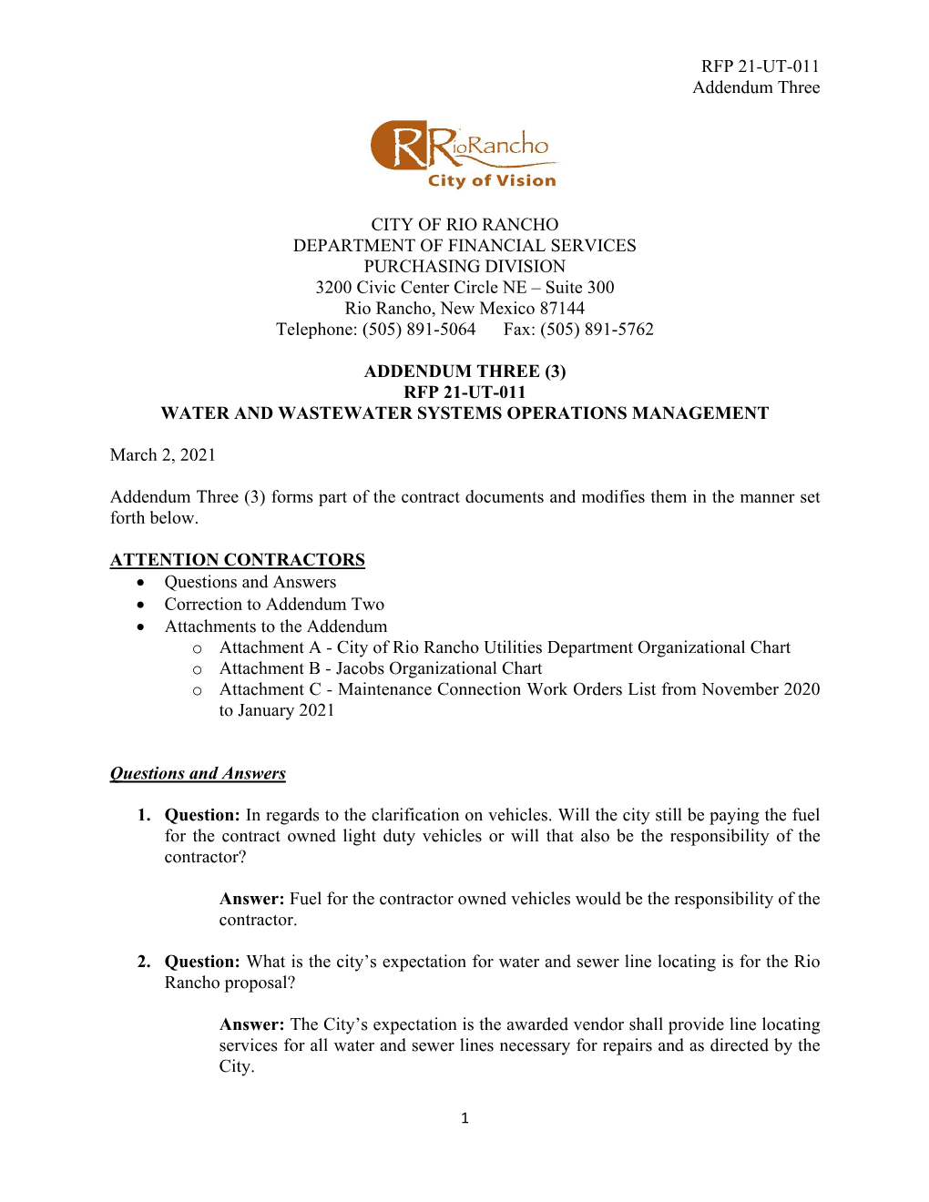 RFP 21-UT-011 Addendum Three CITY of RIO RANCHO