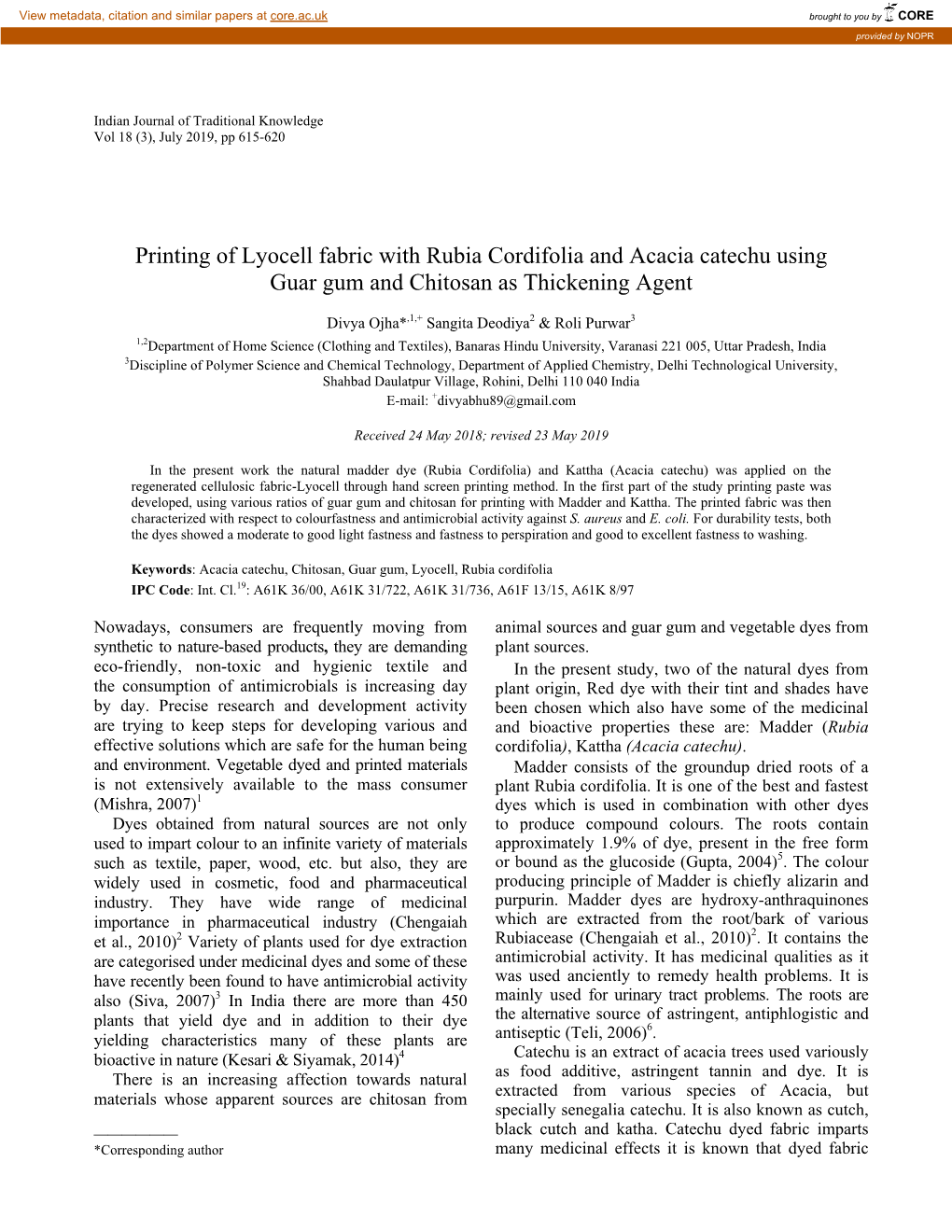 Printing of Lyocell Fabric with Rubia Cordifolia and Acacia Catechu Using Guar Gum and Chitosan As Thickening Agent