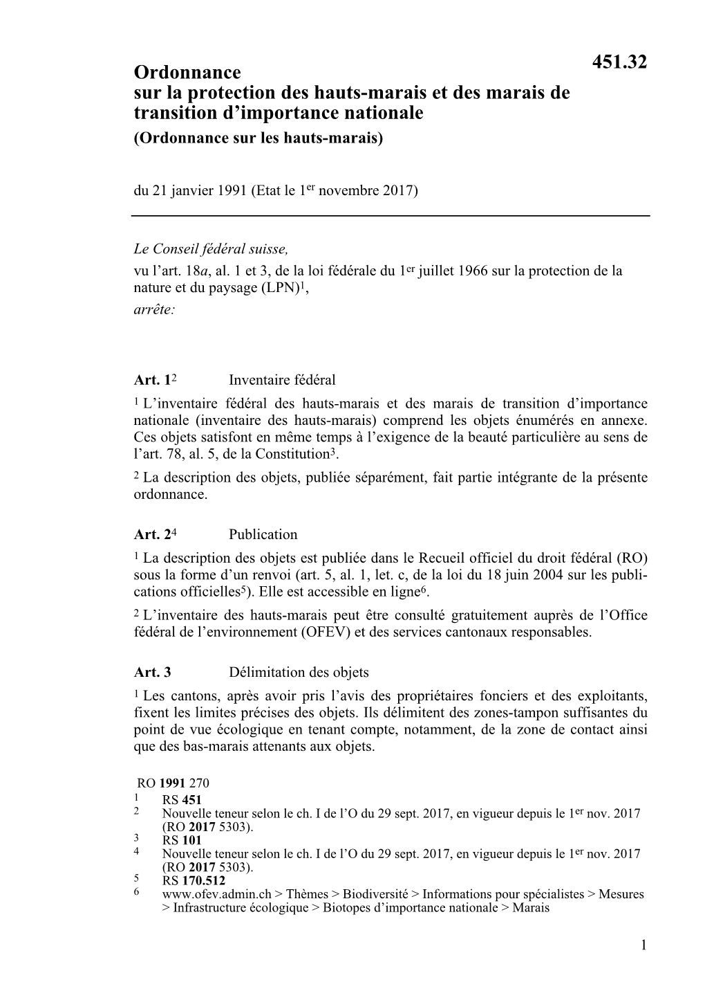 Ordonnance Sur Les Hauts-Marais) Du 21 Janvier 1991 (Etat Le 1Er Novembre 2017)