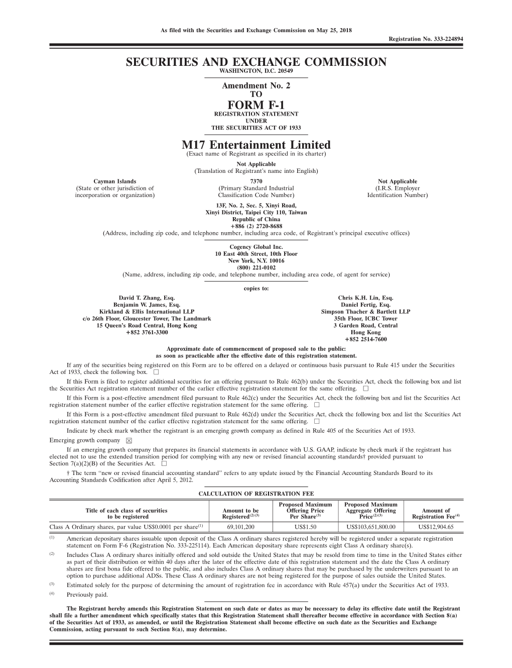 Securities and Exchange Commission Form F-1 M17