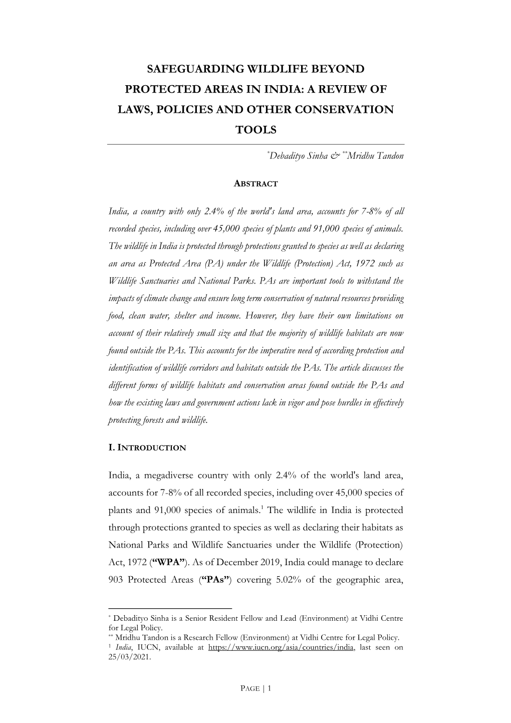 Safeguarding Wildlife Beyond Protected Areas in India: a Review of Laws, Policies and Other Conservation Tools