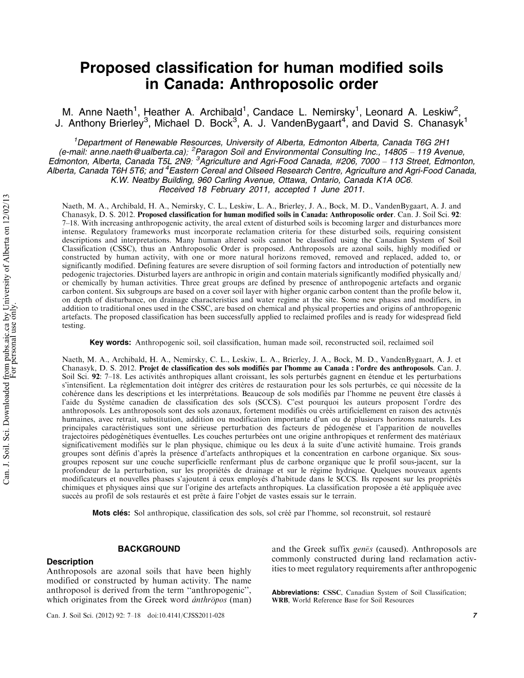 Proposed Classification for Human Modified Soils in Canada: Anthroposolic Order