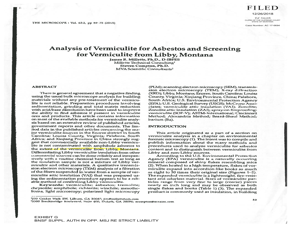 Analysis of Vermiculite for Asbestos and Screening for Vermiculite from Libby, Montana James R