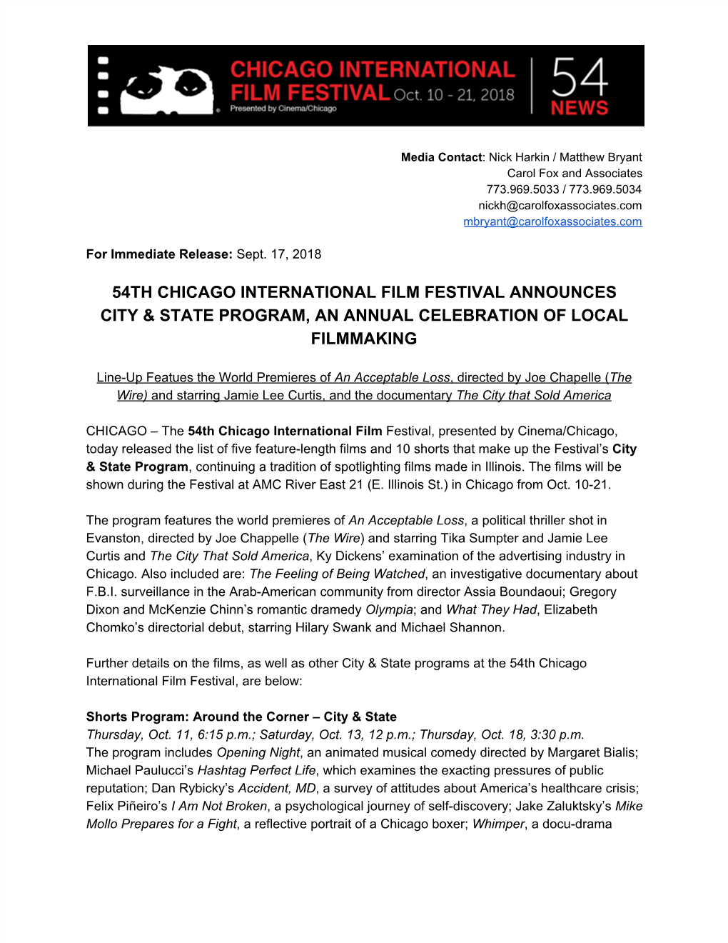 54Th Chicago International Film Festival City & State Program