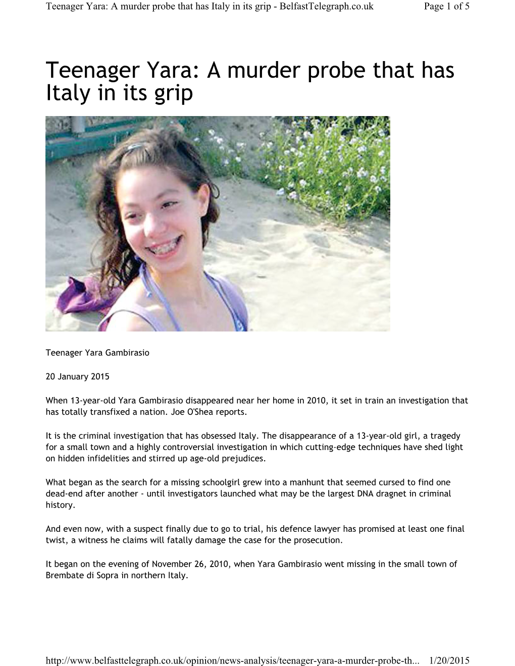 Teenager Yara: a Murder Probe That Has Italy in Its Grip - Belfasttelegraph.Co.Uk Page 1 of 5