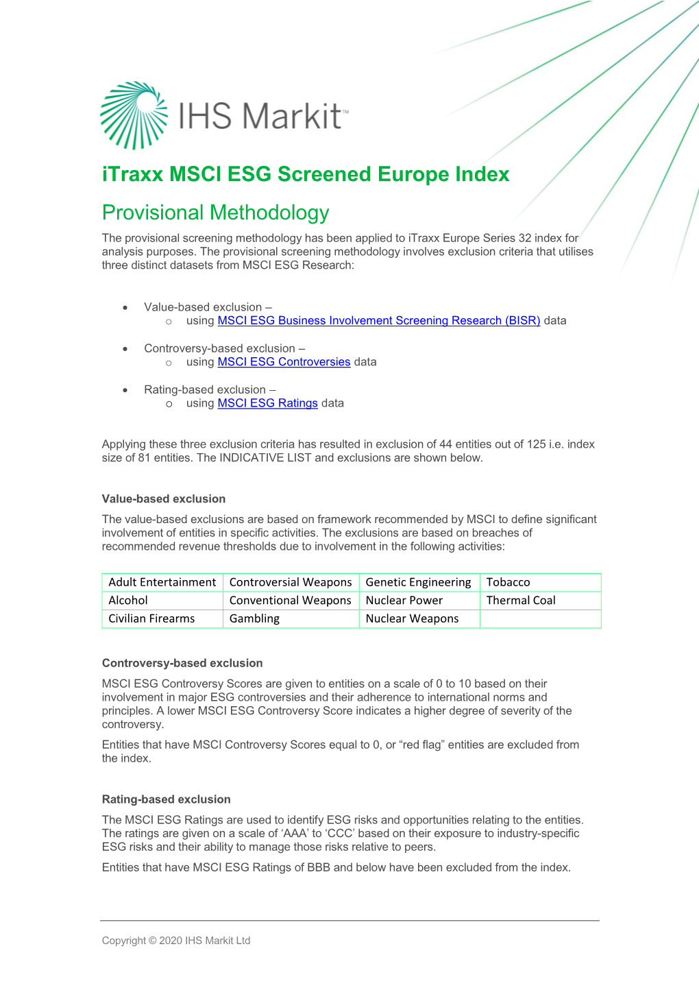 Itraxx MSCI ESG Screened Europe Index Provisional Methodology