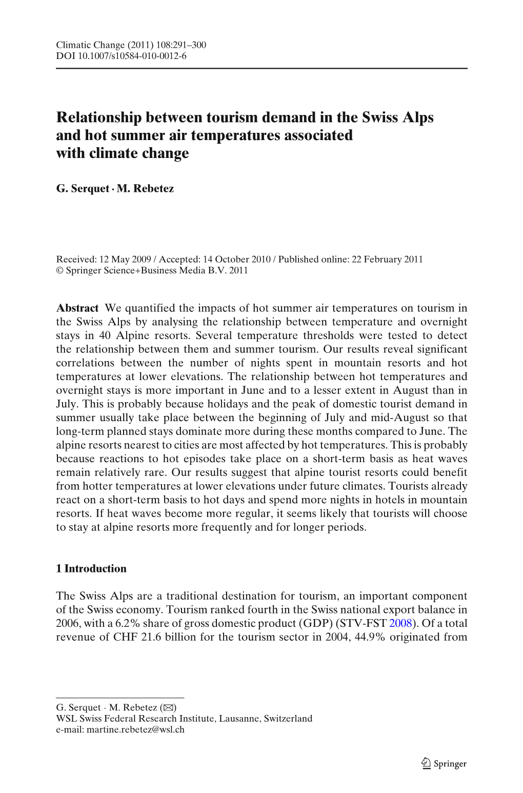 Relationship Between Tourism Demand in the Swiss Alps and Hot Summer Air Temperatures Associated with Climate Change