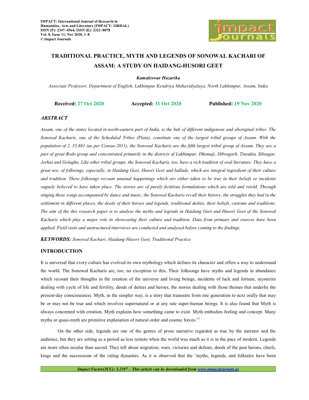 Traditional Practice, Myth and Legends of Sonowal Kachari of Assam: a Study on Haidang-Husori Geet