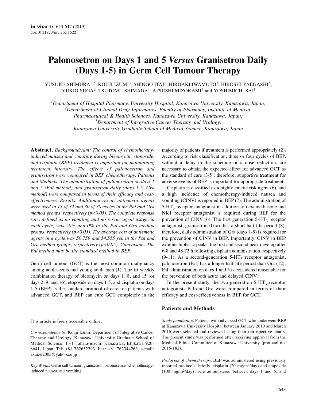 Palonosetron on Days 1 and 5 Versus Granisetron Daily