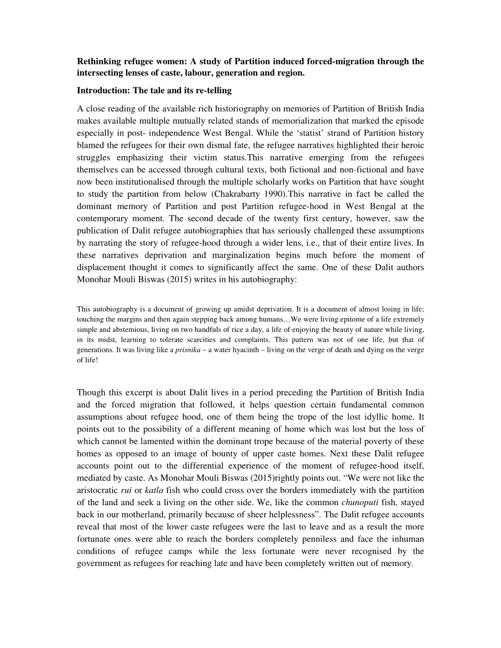 Rethinking Refugee Women: a Study of Partition Induced Forced-Migration Through the Intersecting Lenses of Caste, Labour, Generation and Region