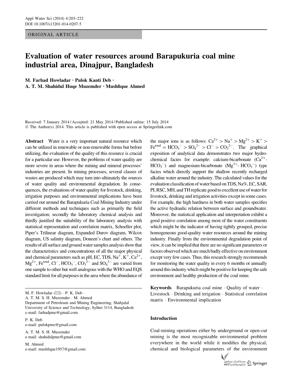 Evaluation of Water Resources Around Barapukuria Coal Mine Industrial Area, Dinajpur, Bangladesh