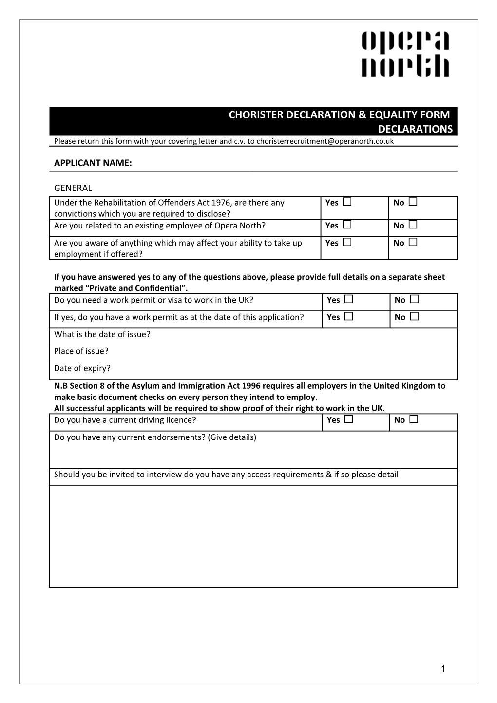 Opera North Application Form