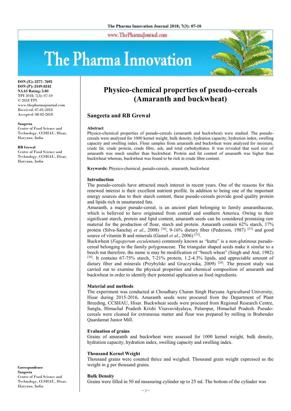 Physico-Chemical Properties of Pseudo-Cereals (Amaranth and Buckwheat) Were Studied