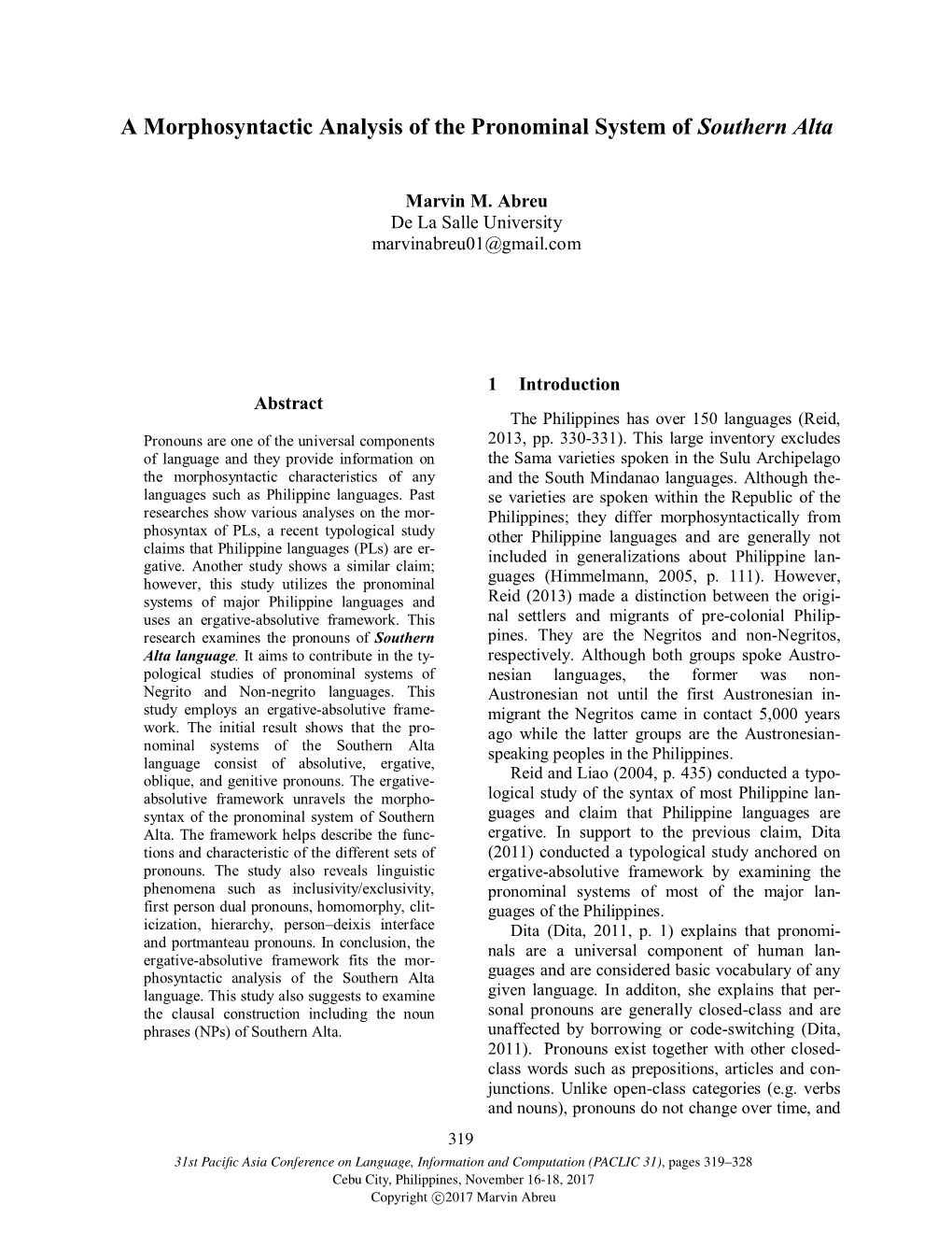 A Morphosyntactic Analysis of the Pronominal System of Southern Alta